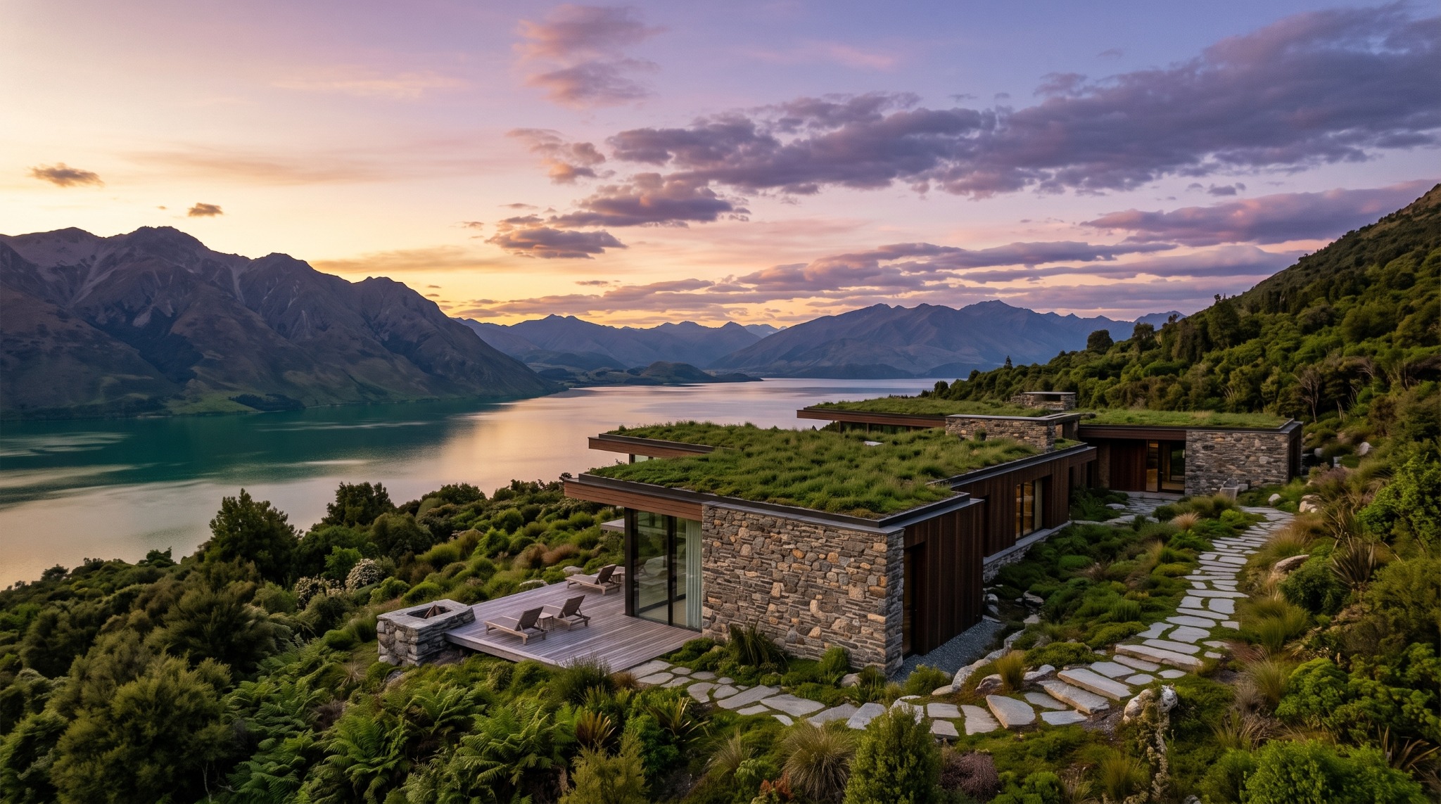 Arquitetura conceitual integrada à vegetação, ao lago e às montanhas no pôr do sol