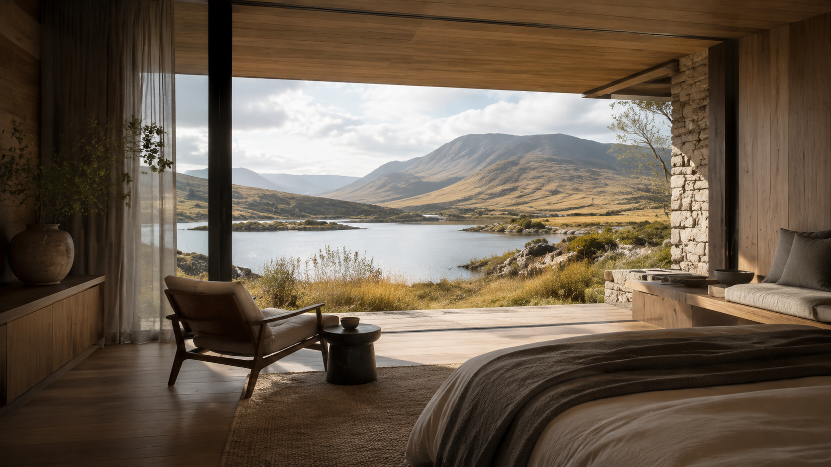 Interior conceitual enquadrando lago e montanhas por uma ampla abertura
