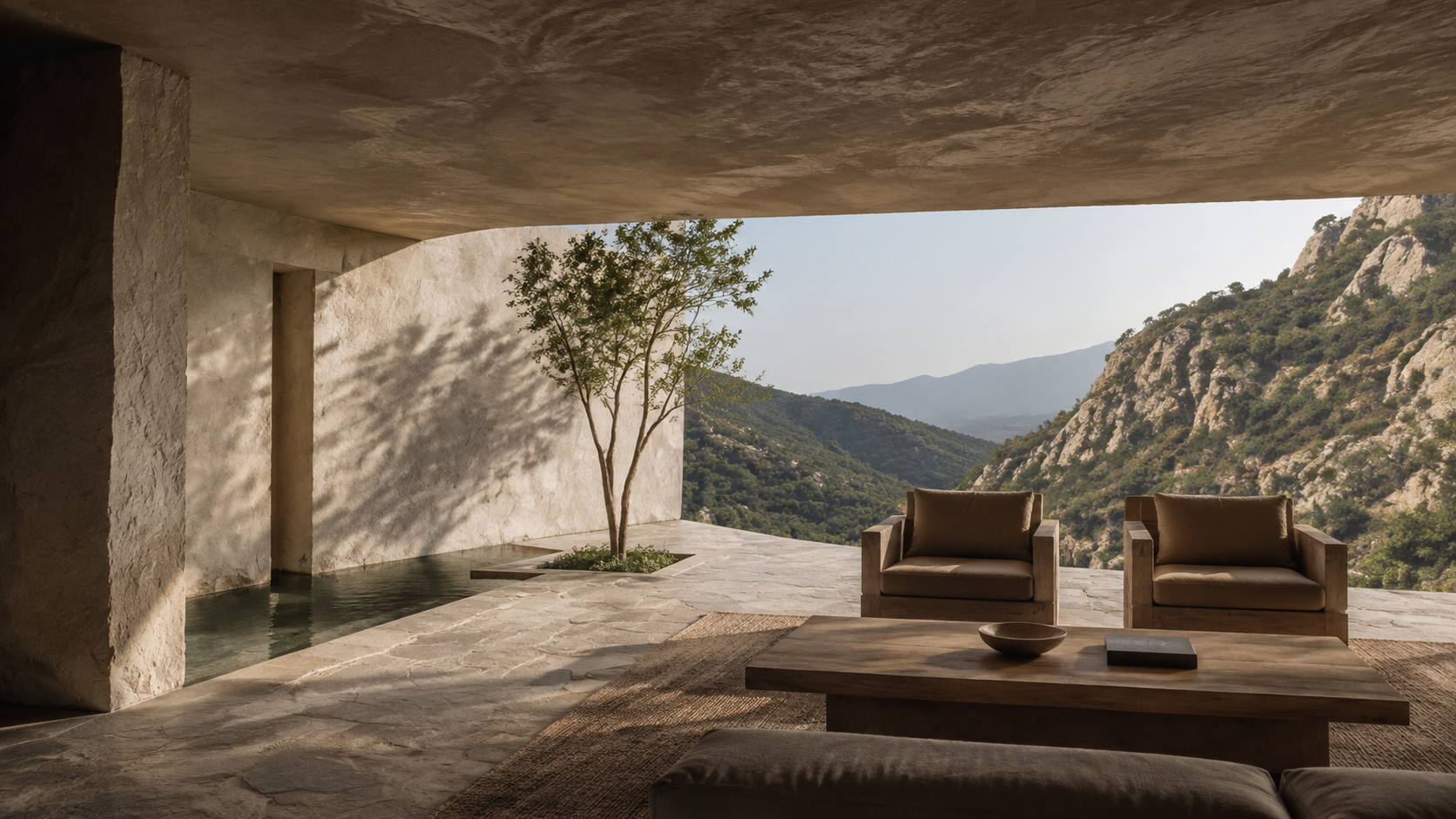 Espaço arquitetônico conceitual com pedra, água, árvore e luz lateral