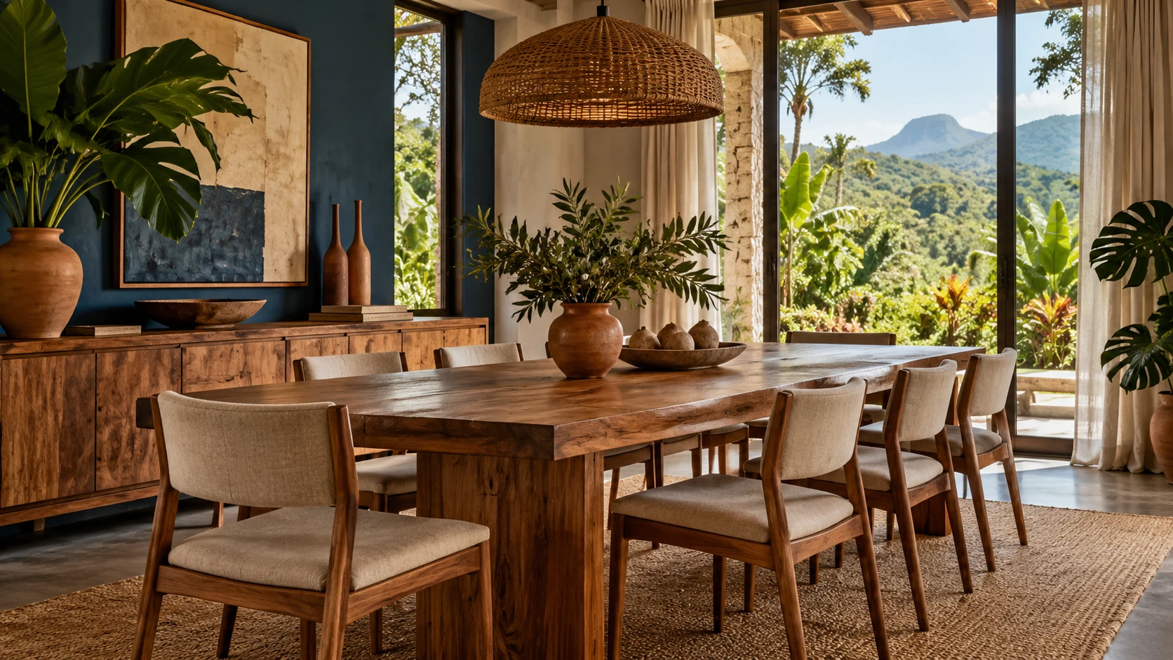 Sala de jantar fictícia com mesa de madeira, cadeiras claras e parede azul