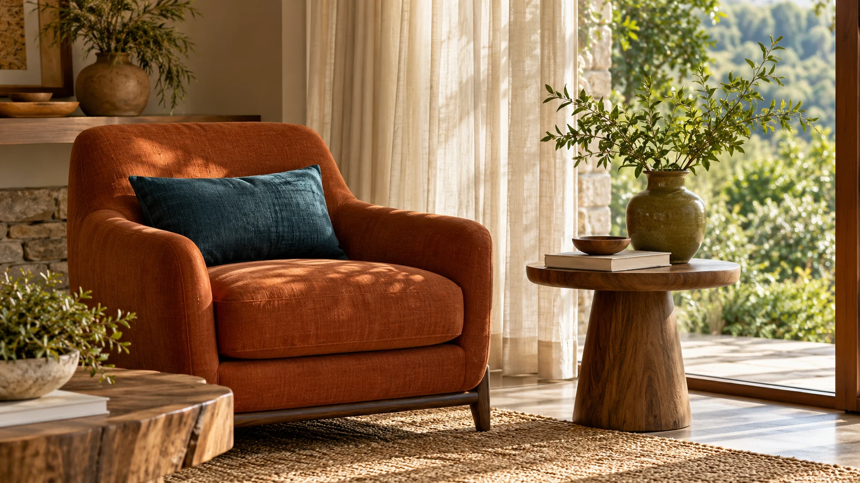 Ambiente fictício: poltrona terracota com almofada azul, madeira e cortina clara