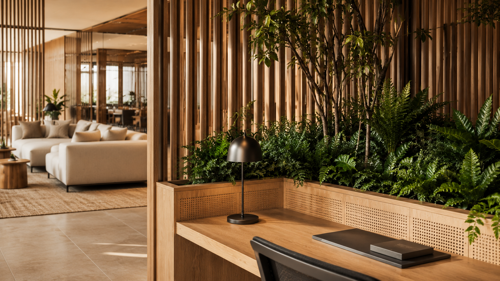 Detalhe de estação de trabalho em madeira com luminária, vegetação e lounge ao fundo