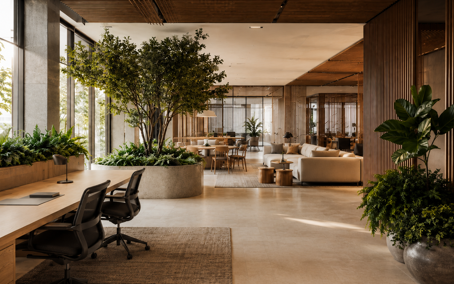 Perspectiva na altura dos olhos atravessando a área de trabalho em direção ao lounge e às árvores internas